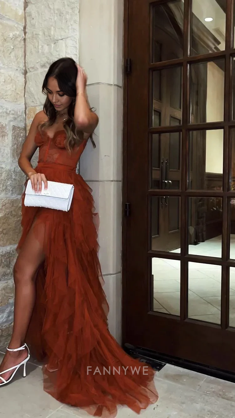A-line Sweetheart High Low Tiered Rust Red formal dresses Bridesmaid Dresses evening gown Prom Dress