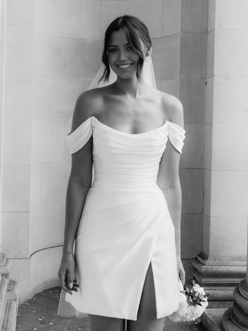 Simple Off-the-Shoulder Short Satin Cowl Neck Formal Wedding Dress With Slit