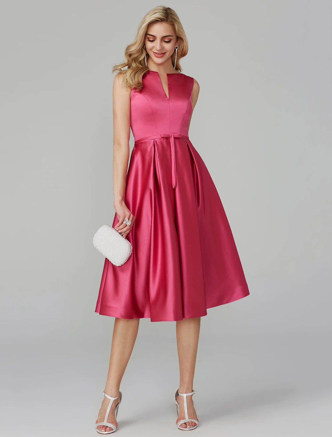 A-Line Party Dress Wedding Guest Knee Length Sleeveless V Wire Satin with Sash / Ribbon