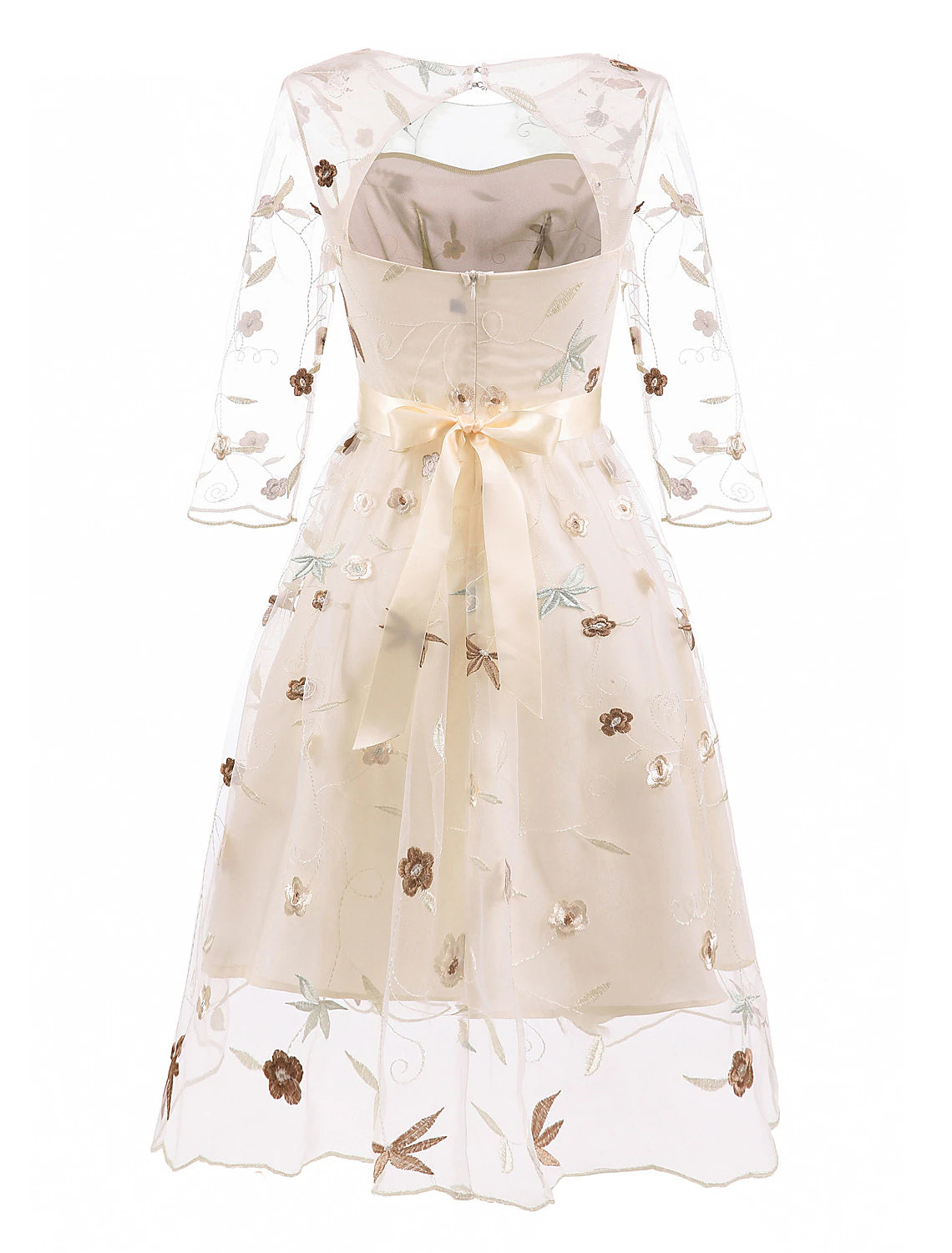 A-Line Cocktail Dresses Floral Dress Homecoming Knee Length Half Sleeve Jewel Neck Tulle with Embroidery Appliques