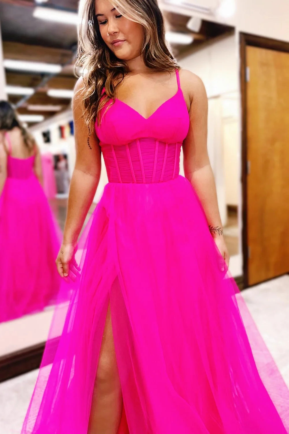 A-Line V-Neck Sheer Bodice Long Prom Dress with Slit