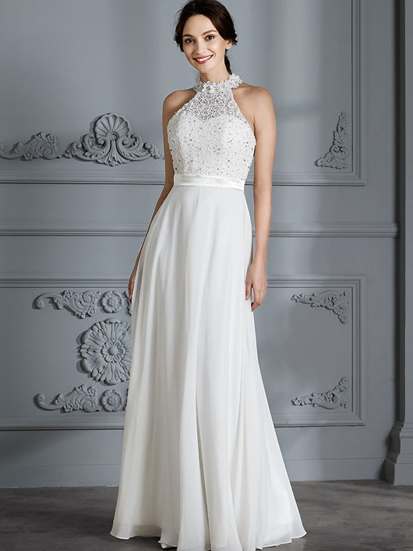 A-Line/Princess Scoop Sleeveless Floor-Length Chiffon Wedding Dresses