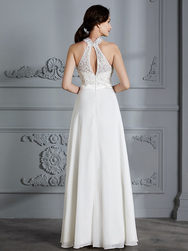 A-Line/Princess Scoop Sleeveless Floor-Length Chiffon Wedding Dresses