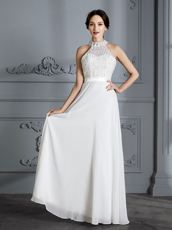 A-Line/Princess Scoop Sleeveless Floor-Length Chiffon Wedding Dresses