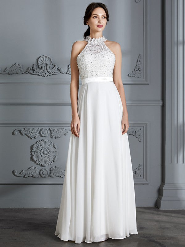 A-Line/Princess Scoop Sleeveless Floor-Length Chiffon Wedding Dresses