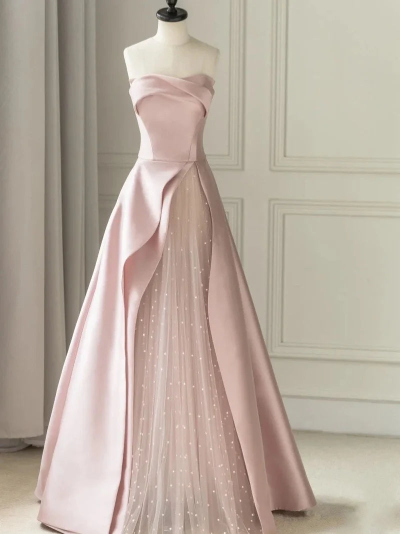 A-Line Sleeveless Tulle Satin Floor-Length Strapless Prom Dress Evening Gown with Slit