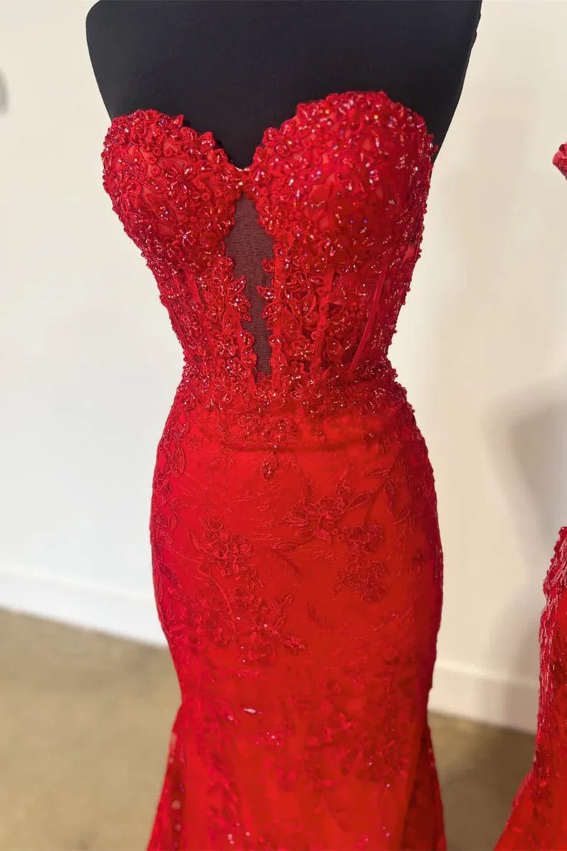 Mermaid Sweetheart Lace Appliques Long Prom Dresses