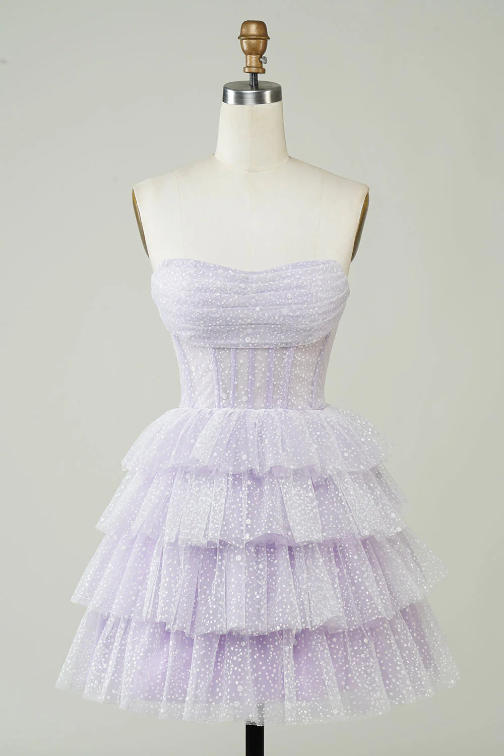 Sparkly Strapless Corset Polka Dots Tiered Cute Homecoing Dress