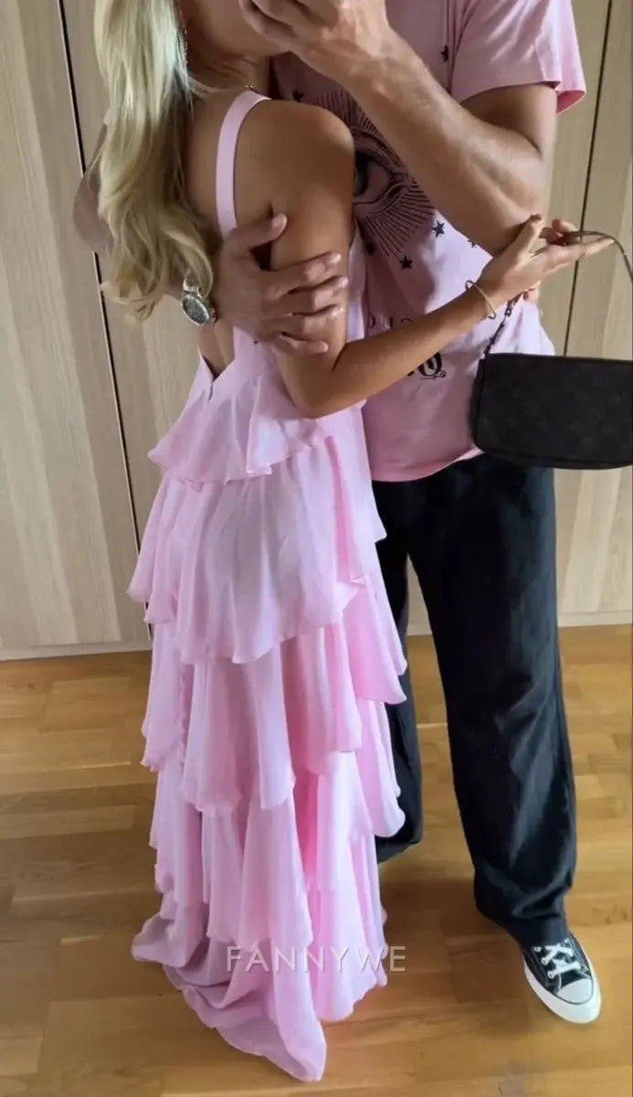 A-line Sweetheart backless long chiffon tiered Pink formal dresses Bridesmaid Dresses evening gown Prom Dress