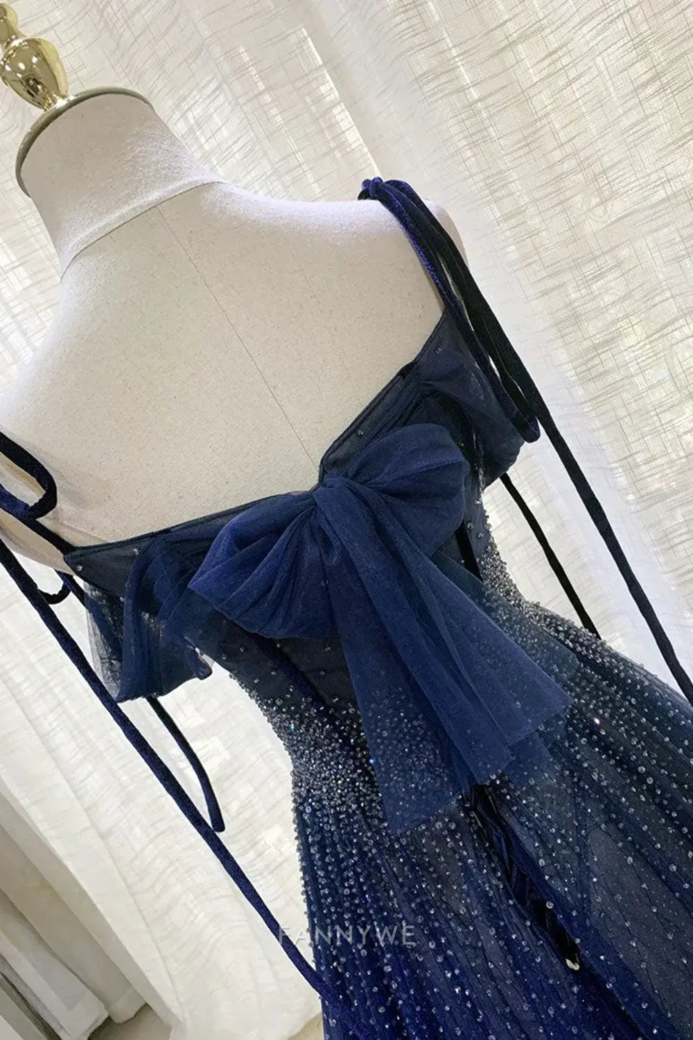 A-line shiny sequins long elegant tulle Dark blue formal dresses Bridesmaid Dresses evening gown Prom Dress