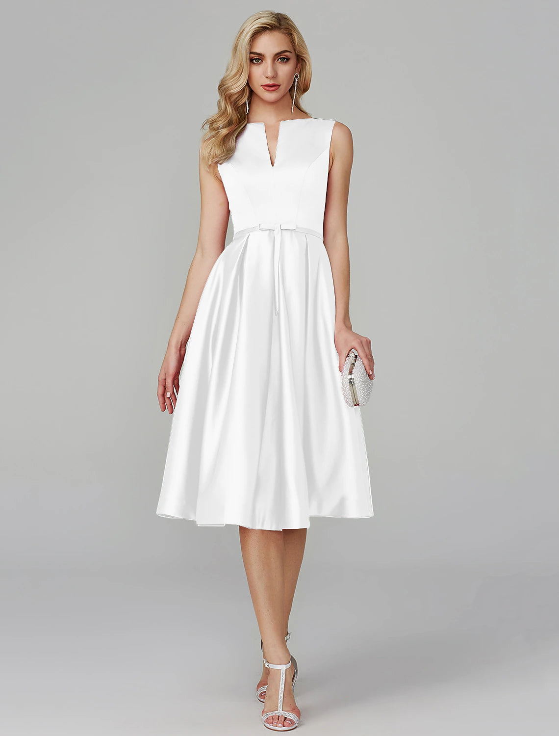 A-Line Party Dress Wedding Guest Knee Length Sleeveless V Wire Satin with Sash / Ribbon