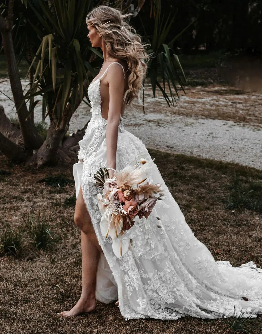 A-Line Spaghetti Straps Lace Beach Wedding Dress With Split