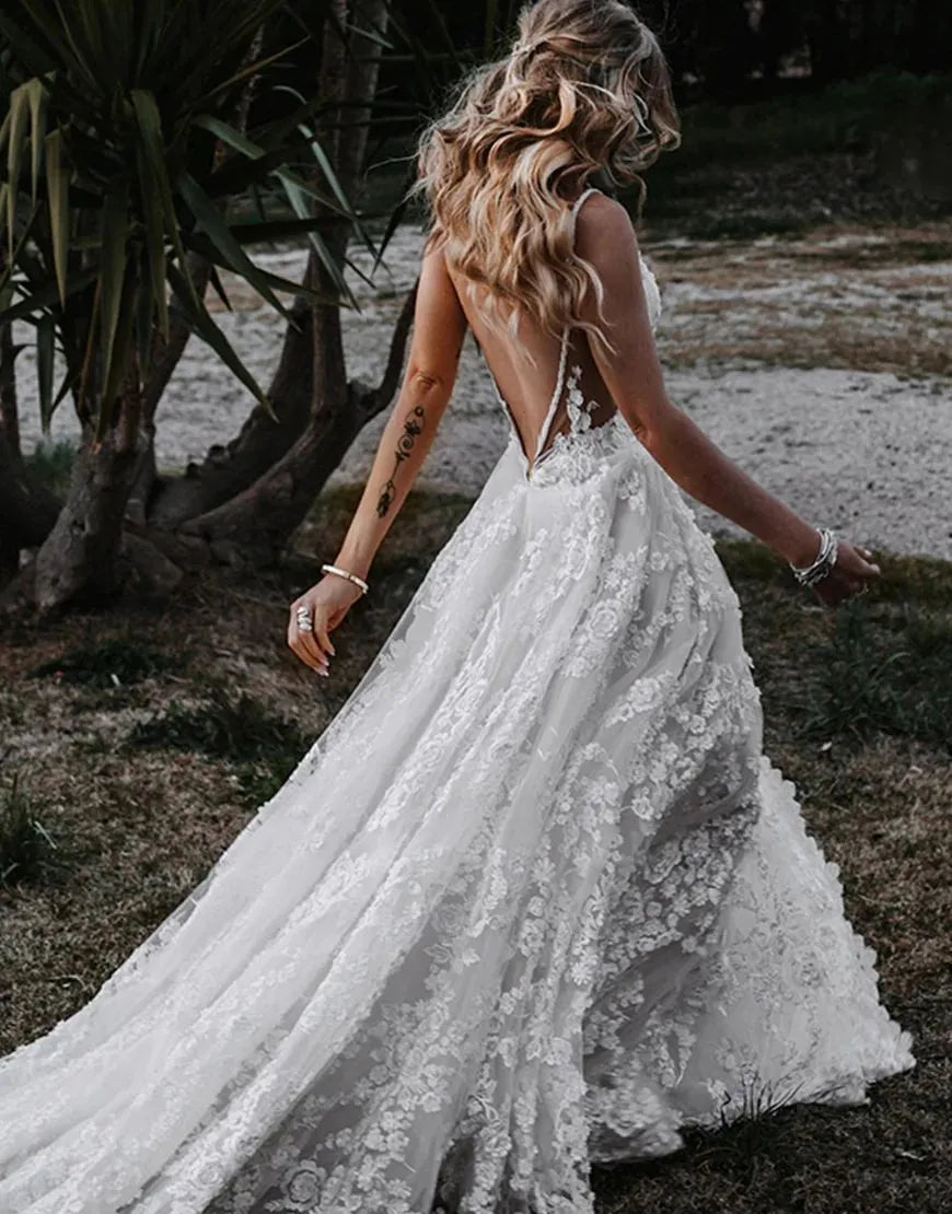 A-Line Spaghetti Straps Lace Beach Wedding Dress With Split