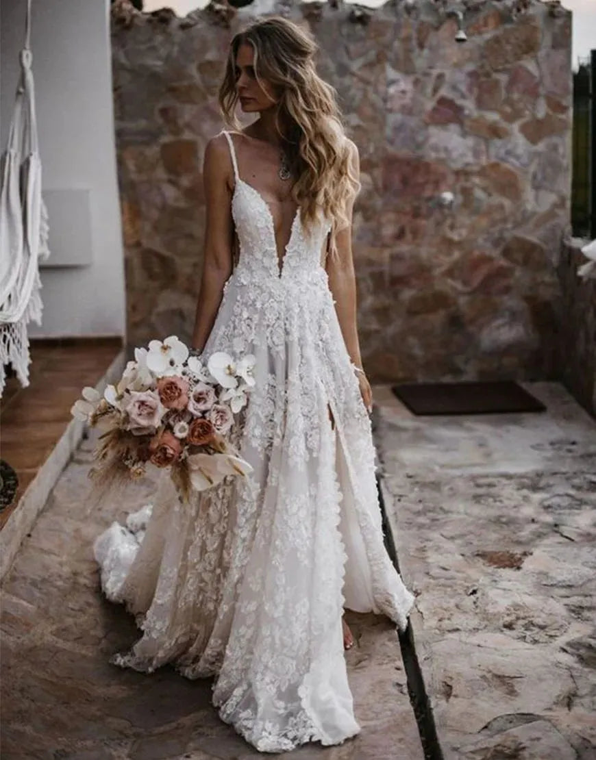 A-Line Spaghetti Straps Lace Beach Wedding Dress With Split