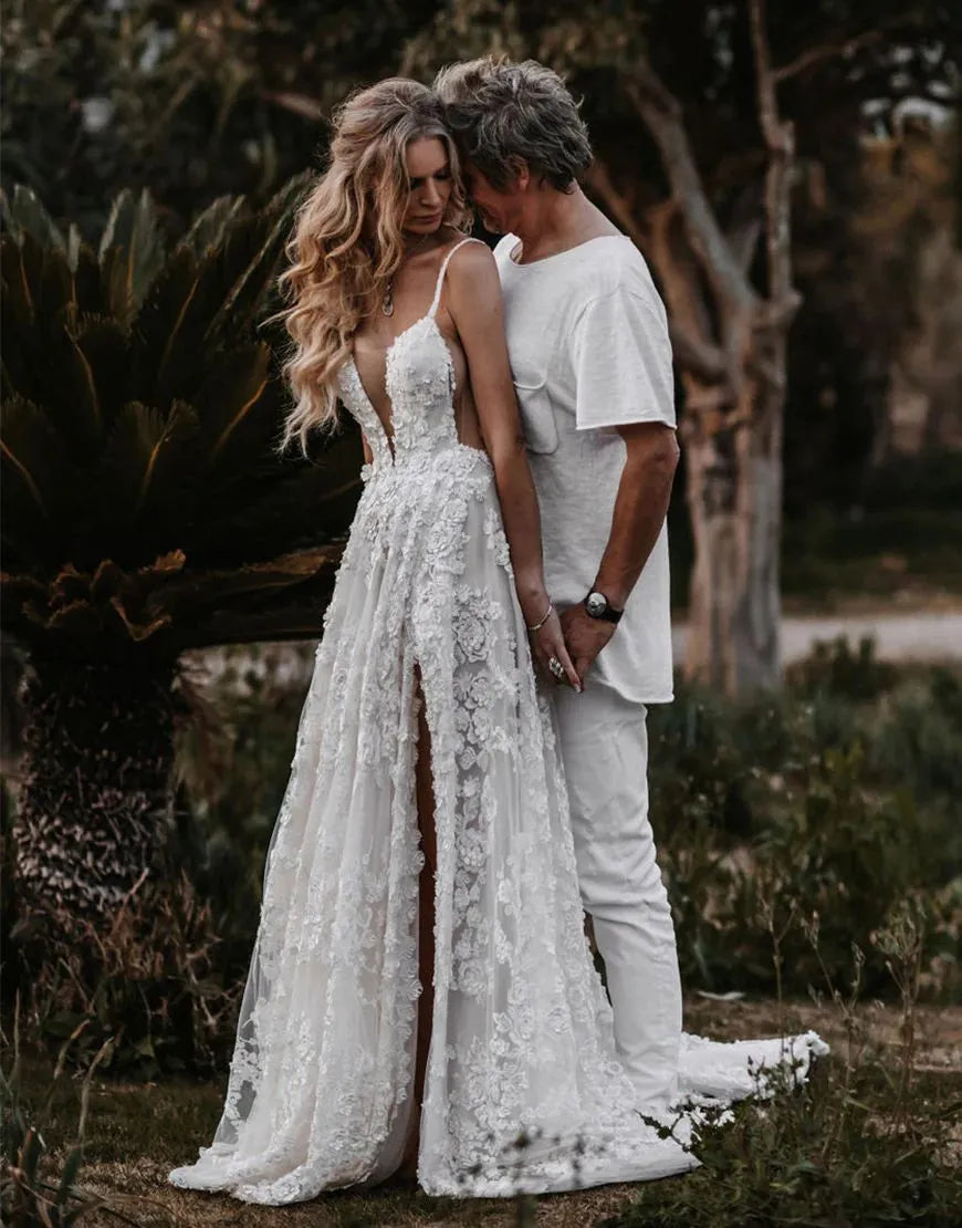 A-Line Spaghetti Straps Lace Beach Wedding Dress With Split
