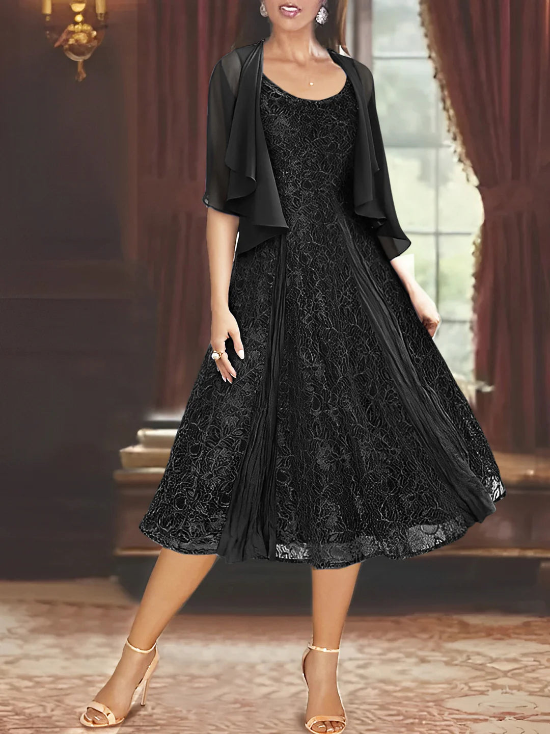 A-Line Scoop Tea-Length Mother Of The Bride Dresses