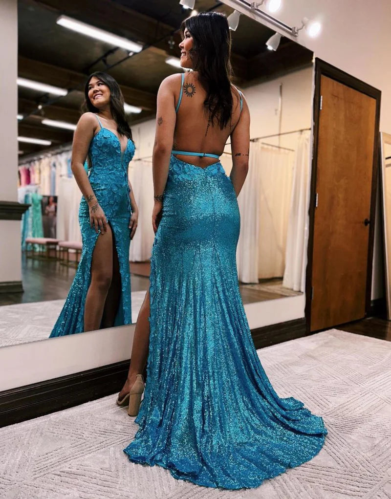 Mermaid Sequins V Neck Prom Dress with Slit