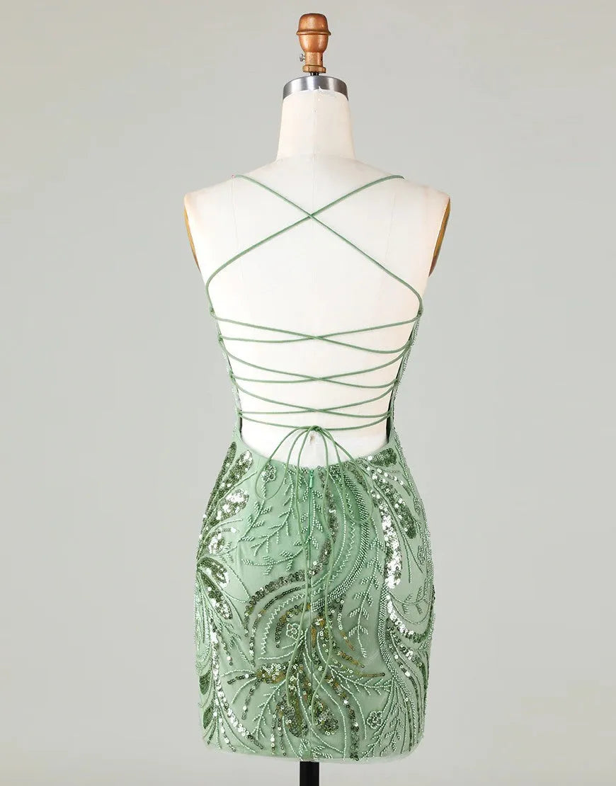Cute Spaghetti straps Lace Up Sequined Homecoming Dresses Party Dress
