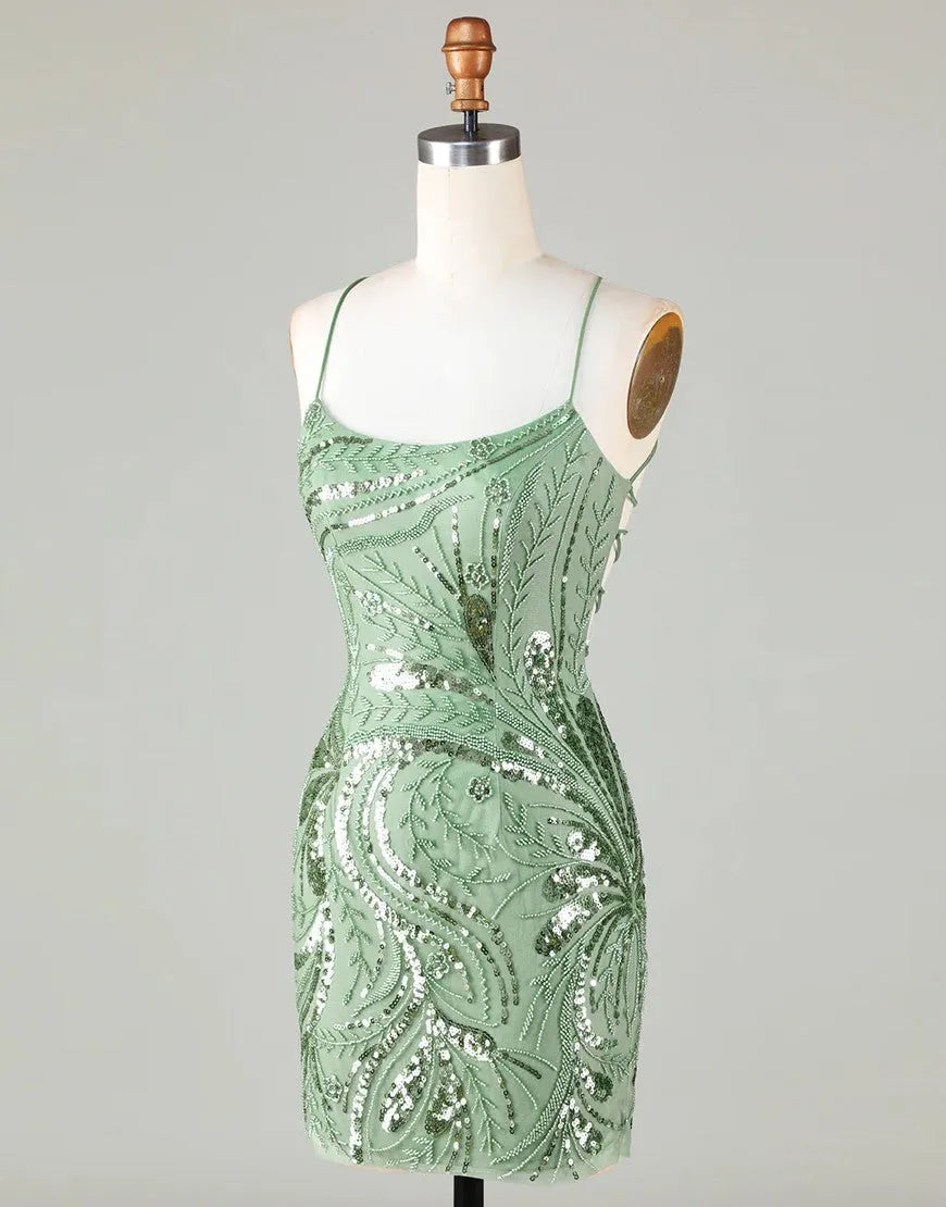Cute Spaghetti straps Lace Up Sequined Homecoming Dresses Party Dress
