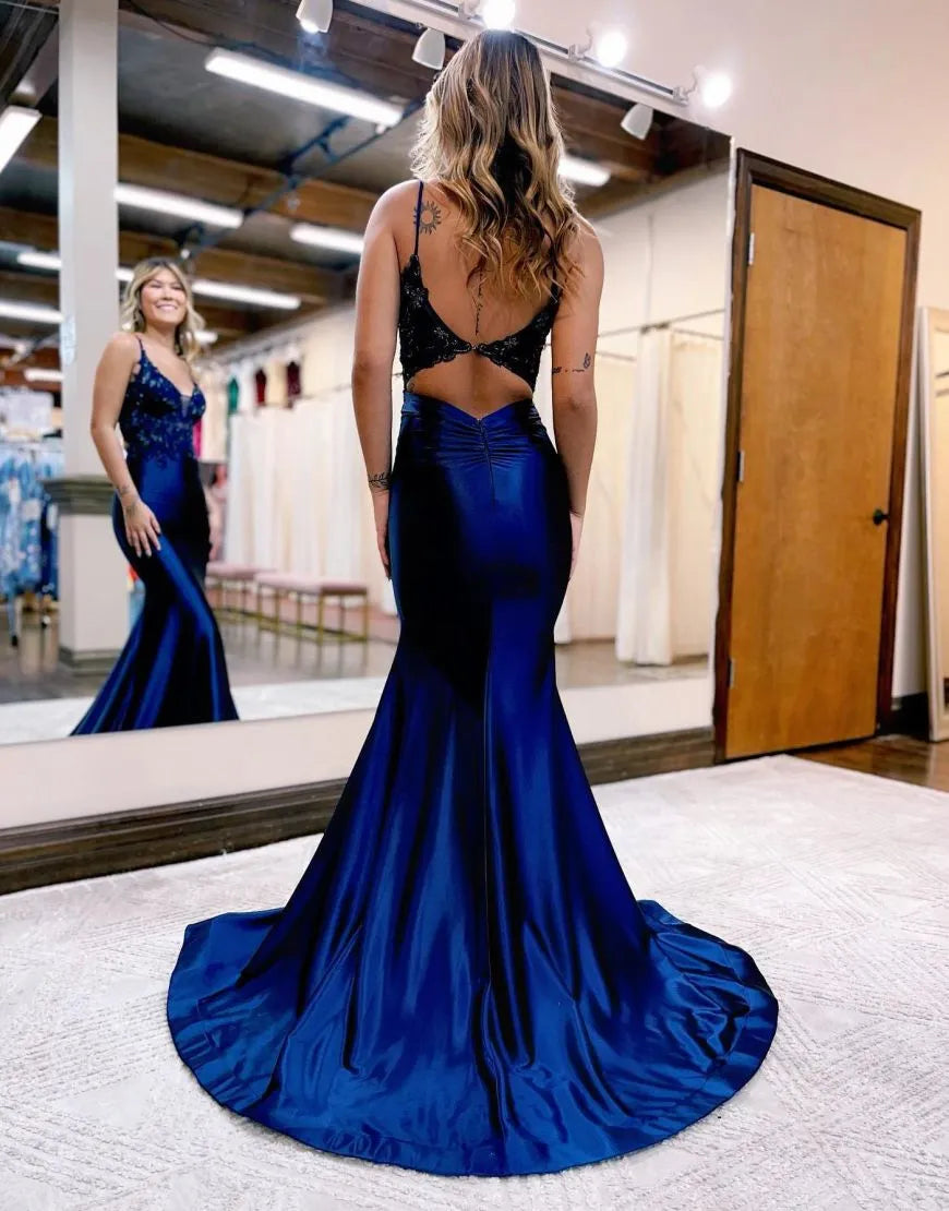 Mermaid Neck Keyhole Straps Back Long Prom Dress