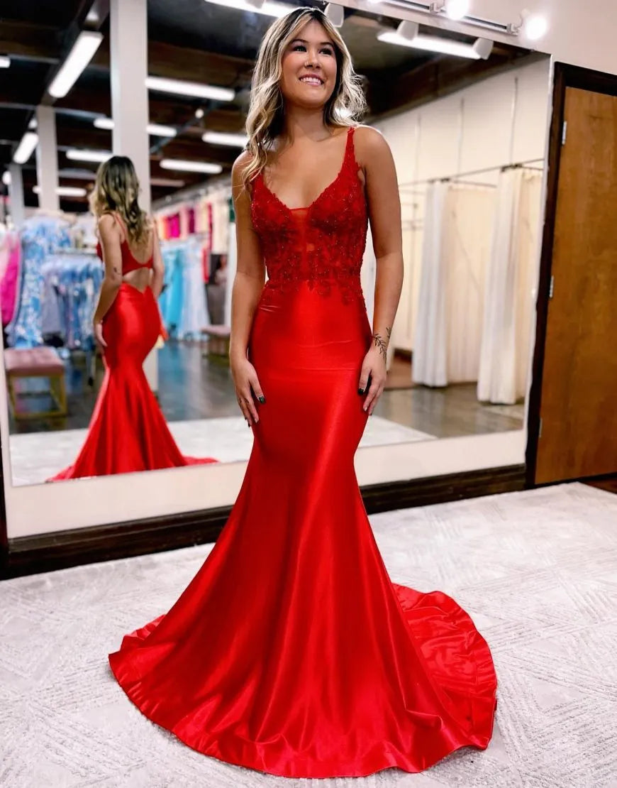 Mermaid Neck Keyhole Straps Back Long Prom Dress