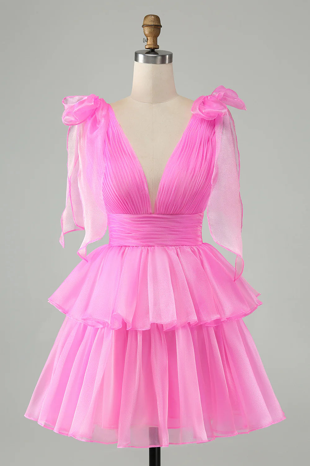 A Line V Neck Pleated Tiered Short Homecoming Dress