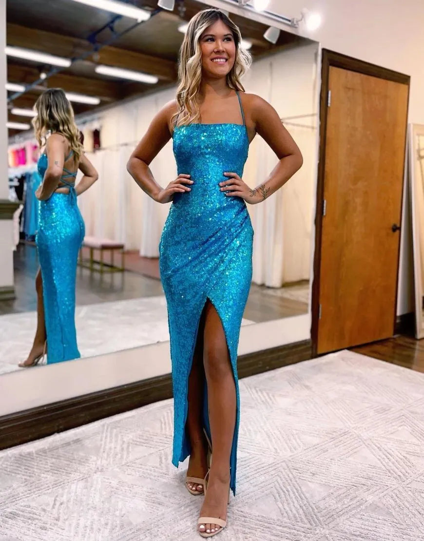 A-line Spaghetti Straps Corset Back Sequin Prom Dress With Front Split