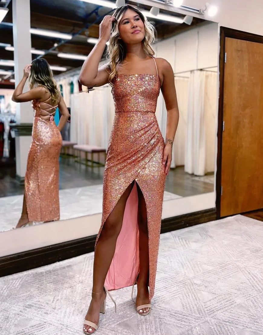 A-line Spaghetti Straps Corset Back Sequin Prom Dress With Front Split