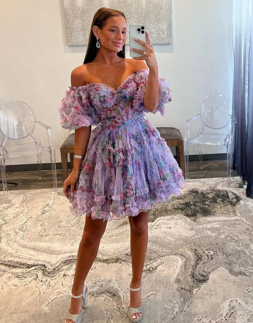 A-Line Sweet Off The Shoulder Short Tulle Homecoming Dresses Party Dress