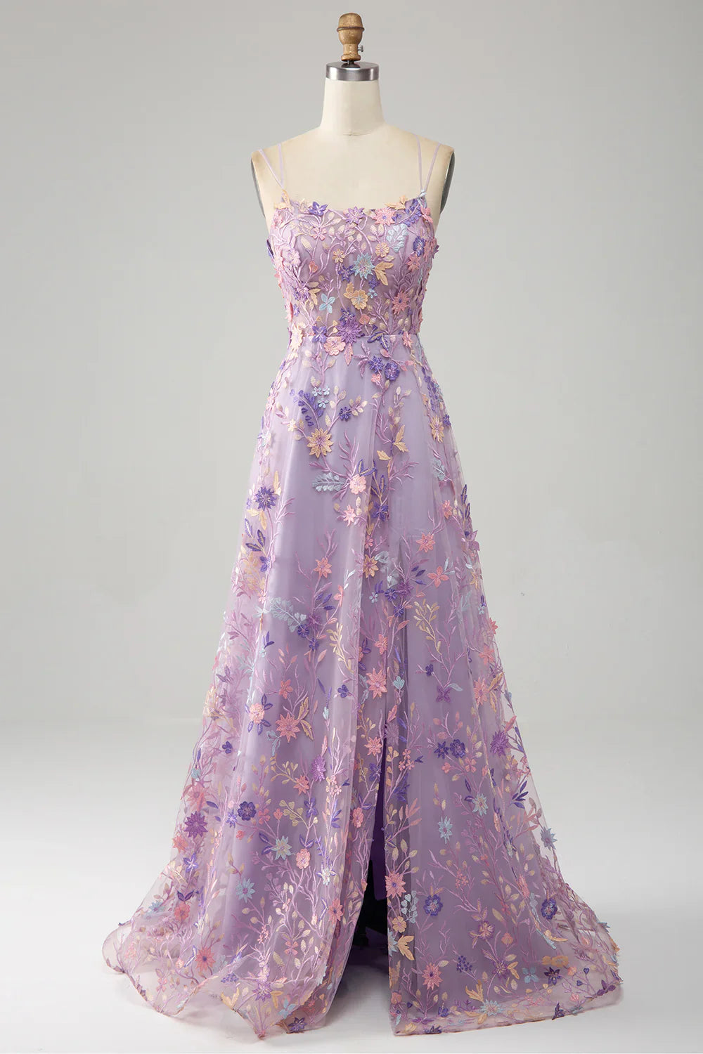 A Line Spaghetti Straps Front Slit Tulle Mauve formal dresses Bridesmaid Dresses evening gown Prom Dress With Embroidery