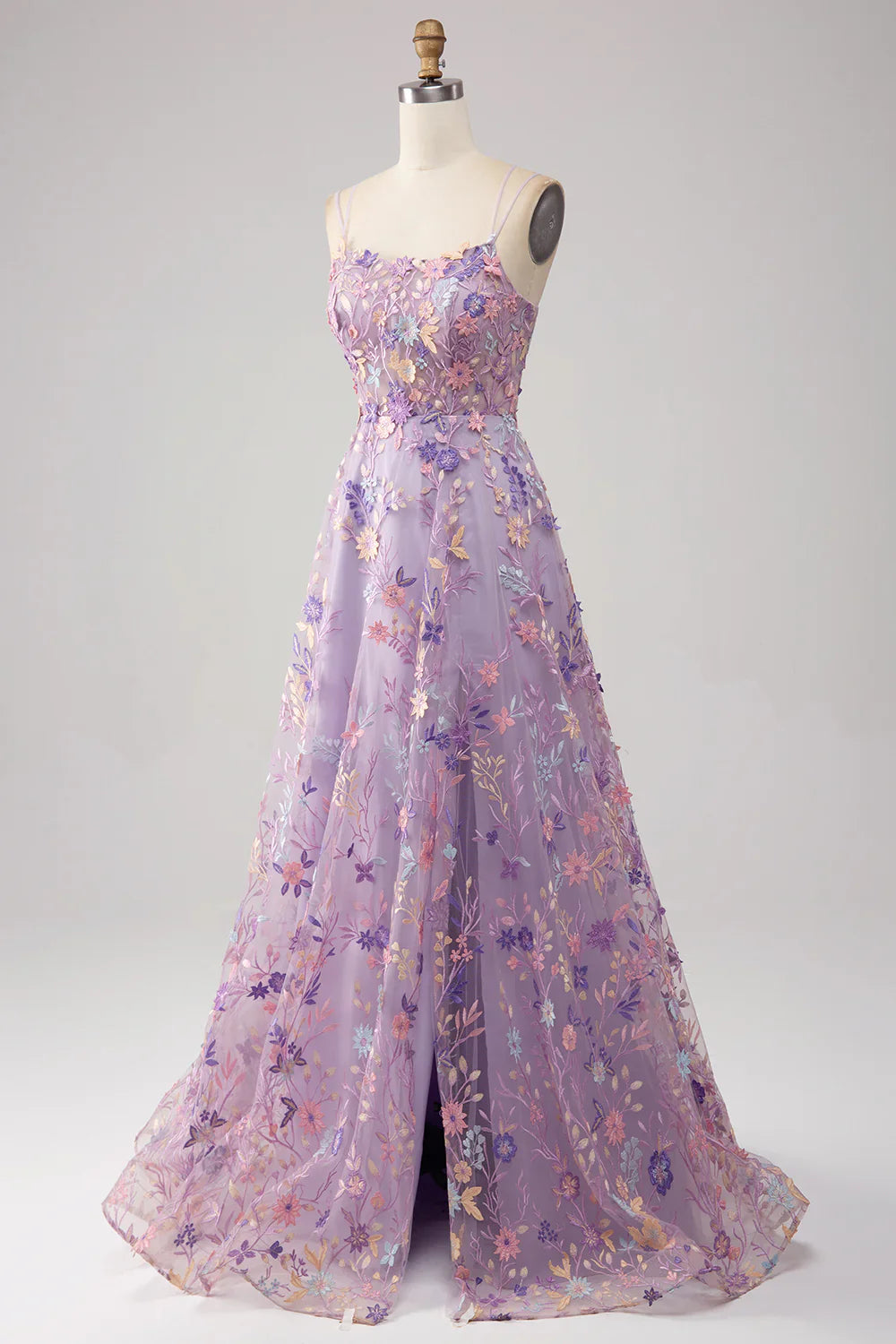 A Line Spaghetti Straps Front Slit Tulle Mauve formal dresses Bridesmaid Dresses evening gown Prom Dress With Embroidery