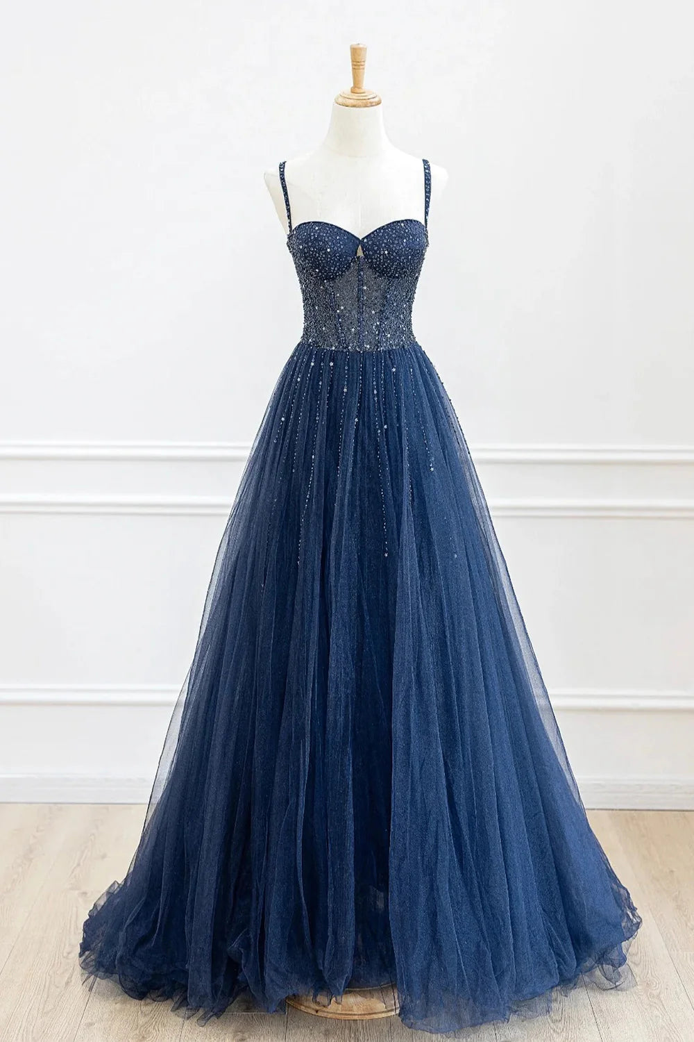 A-line Tulle Beaded Long Prom Dress Formal Dress