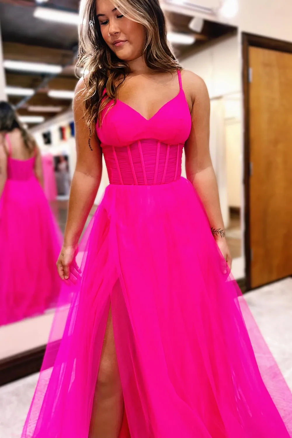 A-Line Simple Elegant Spaghetti Straps Long Tulle Prom Dress with Slit