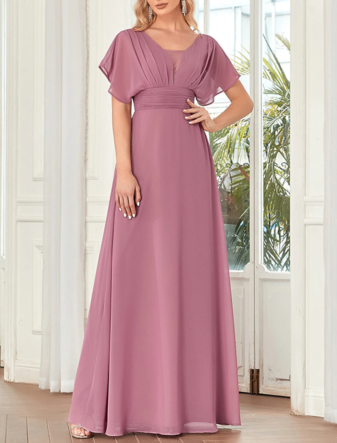 A-Line Elegant Formal Evening Dress V Neck Short Sleeve Floor Length Chiffon with Draping