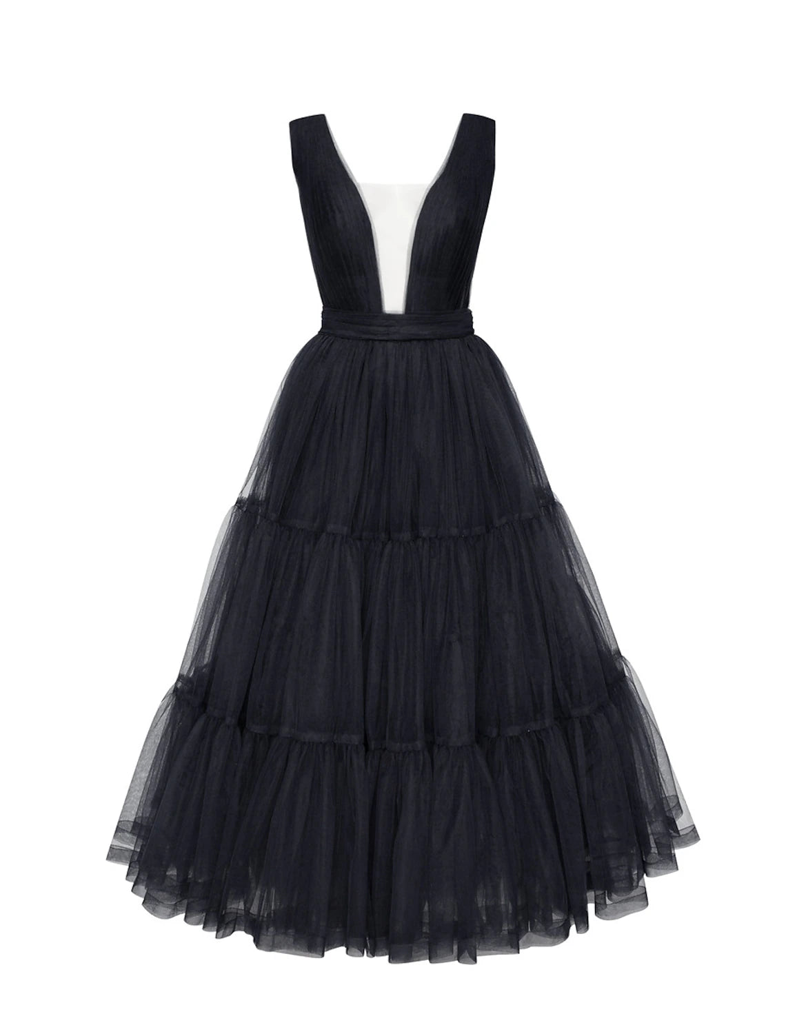 A-Line Prom Dresses Princess Dress Wedding Guest Prom Tea Length Sleeveless V Neck Tulle with Bow(s) Pleats