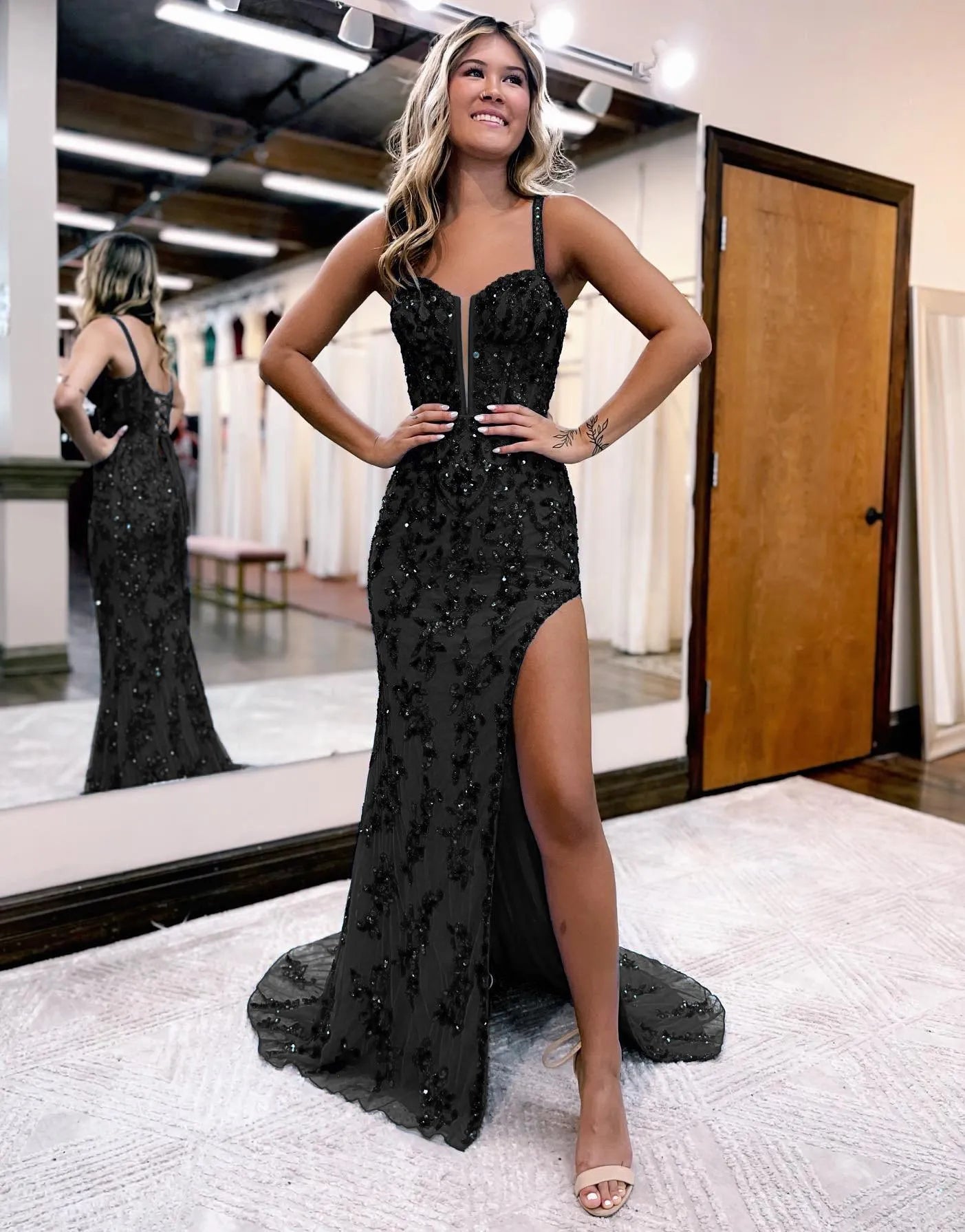 Sheath Corset Back Beading Sequin Prom Dress