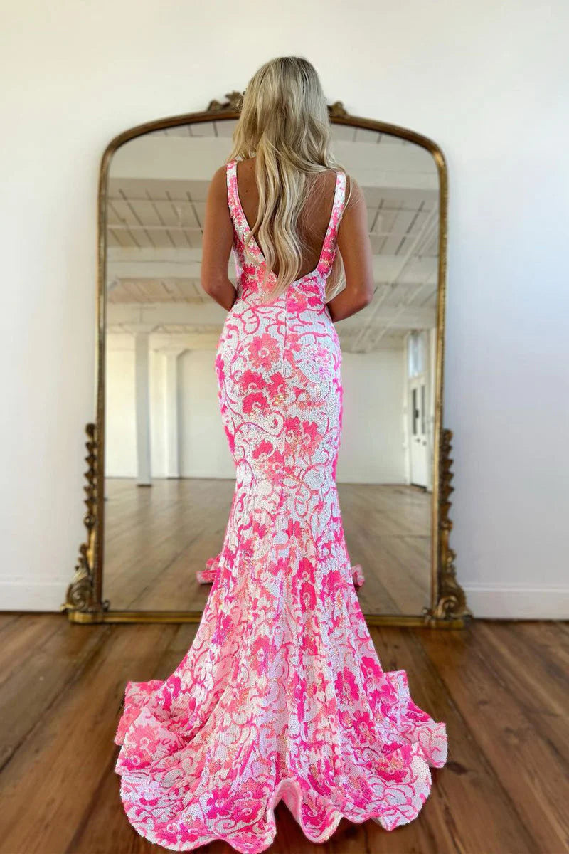 Mermaid V Neck Sequin Lace Prom Dress