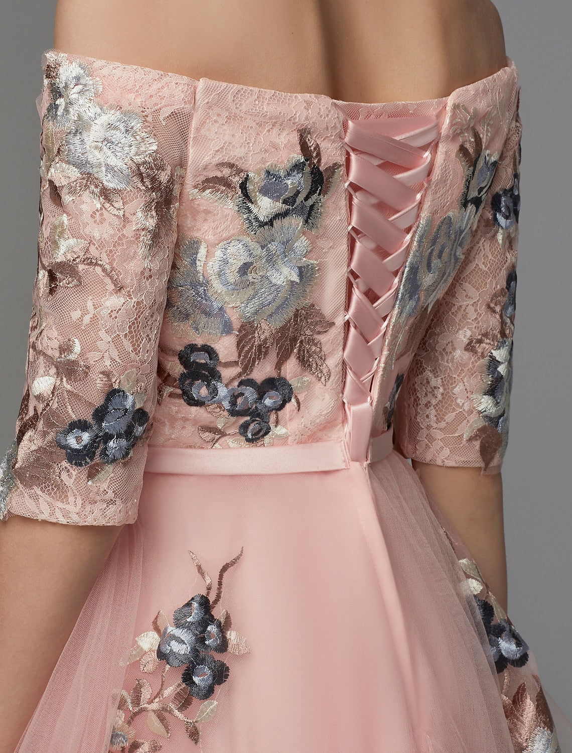 A-Line Prom Dresses Floral Dress Evening Party Wedding Party Asymmetrical Half Sleeve Off Shoulder Satin with Embroidery Applique