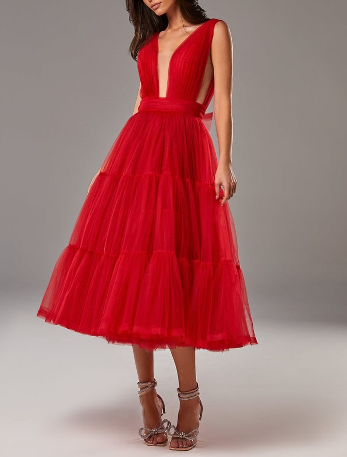 A-Line Prom Dresses Princess Dress Wedding Guest Prom Tea Length Sleeveless V Neck Tulle with Bow(s) Pleats