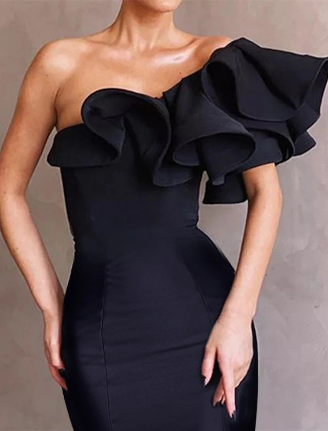 Mermaid Black Dress Evening Gown Corsets Dress Formal Wedding Guest Floor Length Sleeveless One Shoulder Taffeta with Ruffles Shouder Flower