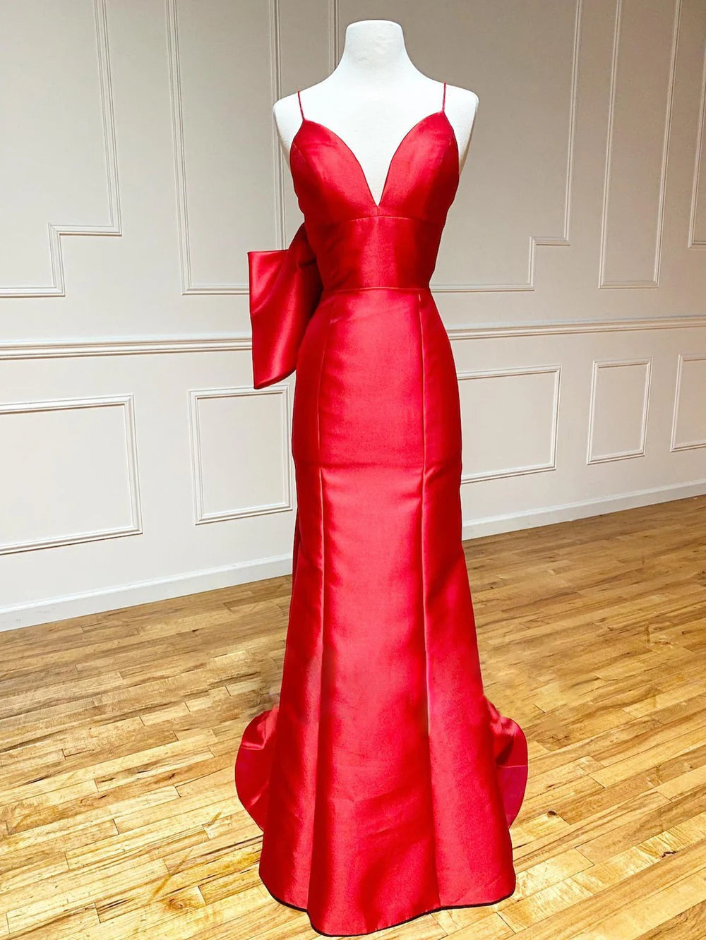 Mermaid V Neck Long Satin Prom Dress With Bow Tie