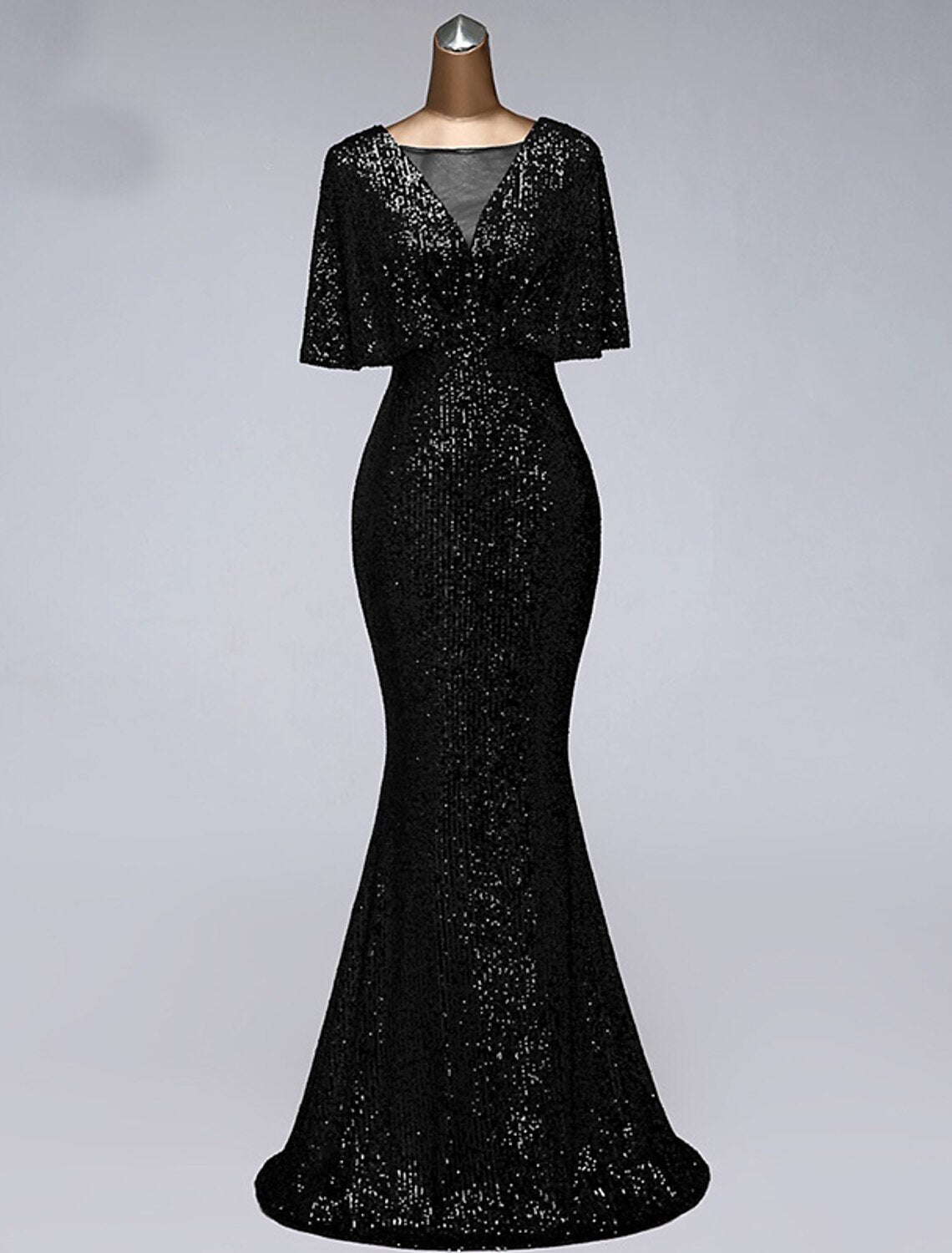 Mermaid / Trumpet Prom Dresses Sparkle Dress Wedding Guest Prom Floor Length Half Sleeve Illusion Neck Sequined with Sequin Ruffles