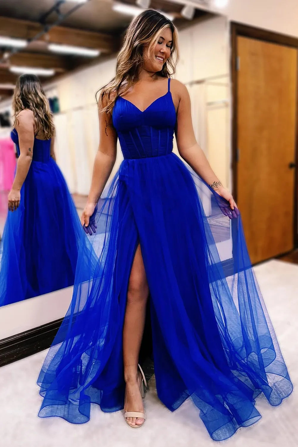 A-Line Simple Elegant Spaghetti Straps Long Tulle Prom Dress with Slit