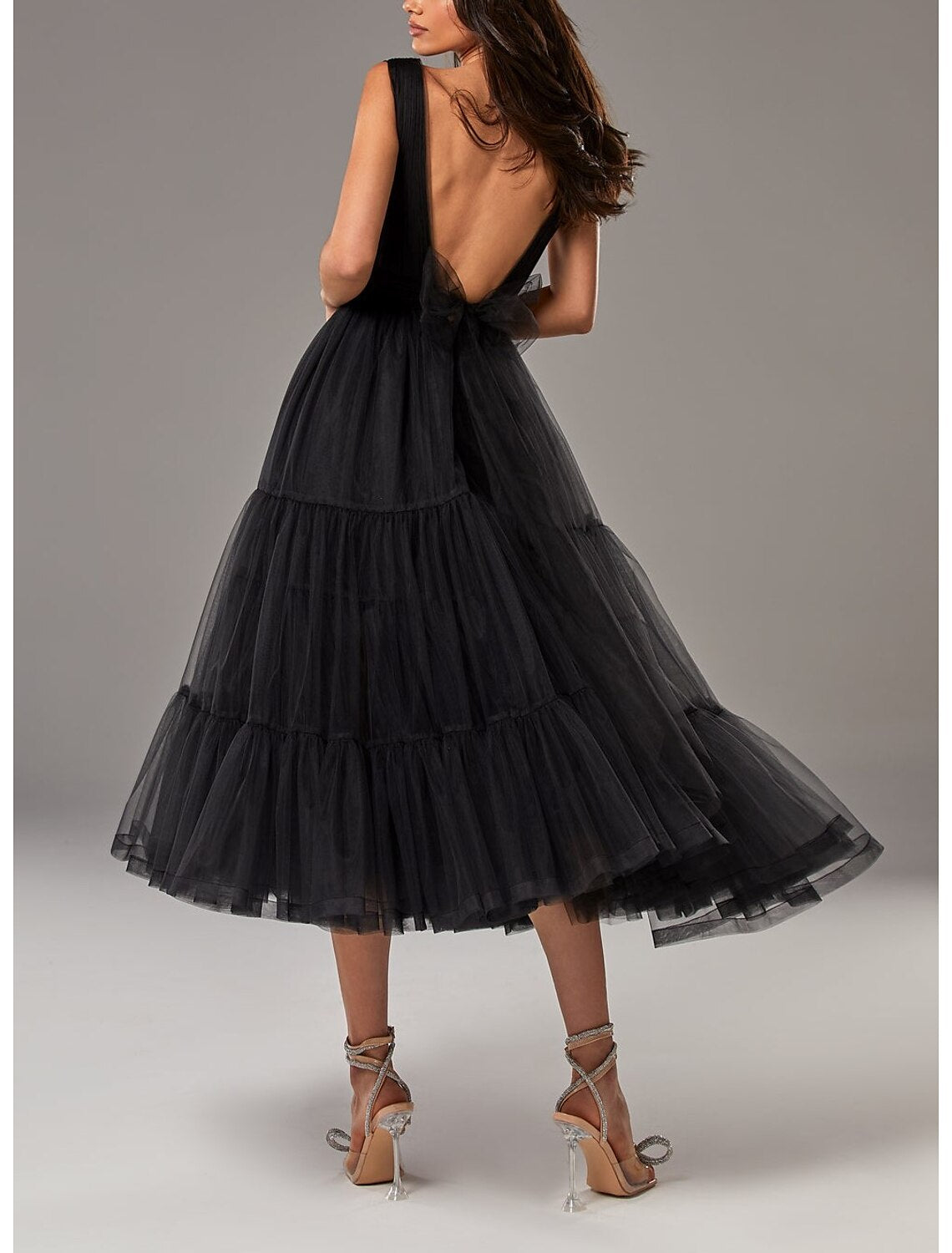 A-Line Prom Dresses Princess Dress Wedding Guest Prom Tea Length Sleeveless V Neck Tulle with Bow(s) Pleats