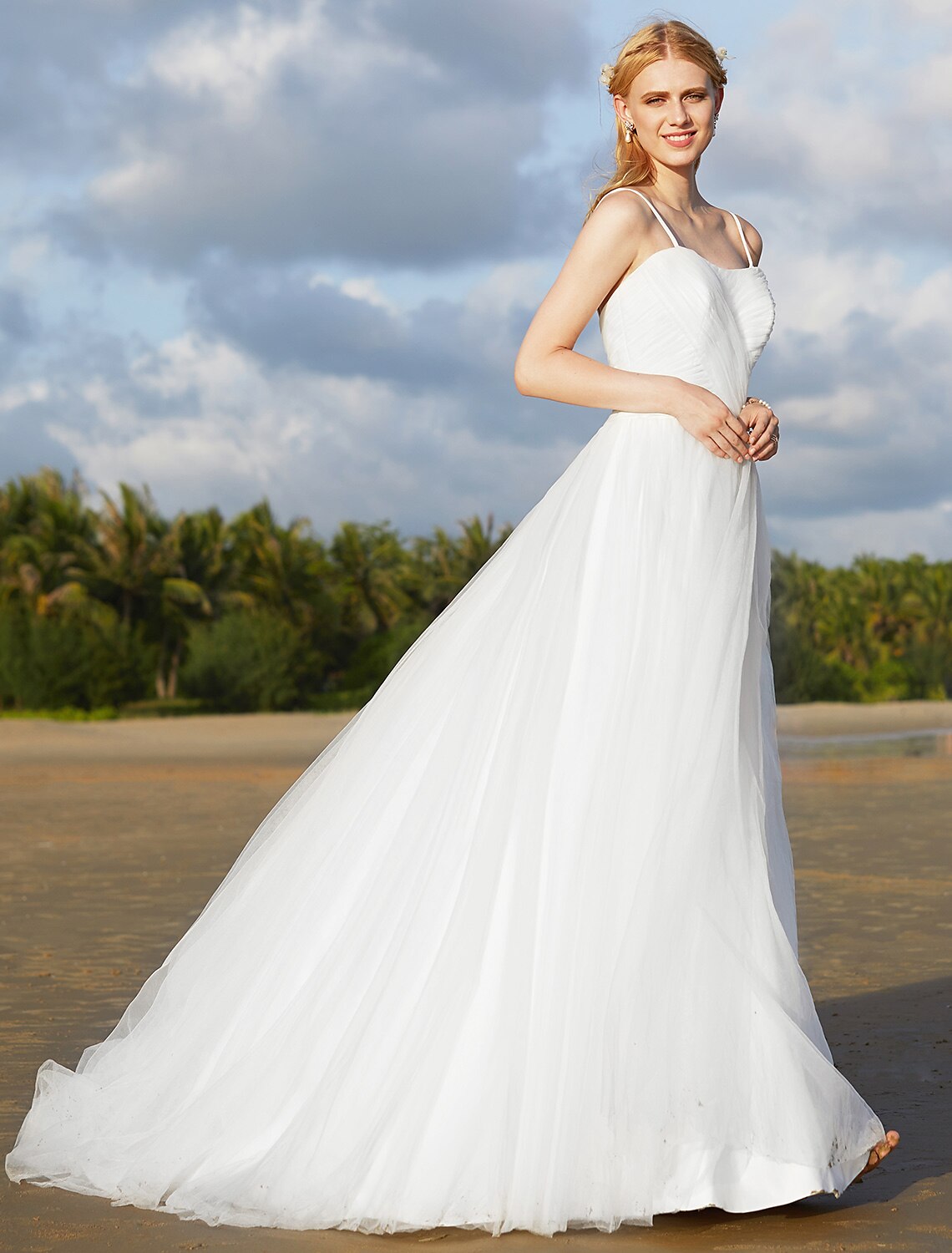 Beach Wedding Dresses A-Line Spaghetti Strap Sleeveless Sweep / Brush Train Chiffon Bridal Gowns With Sashes / Ribbons
