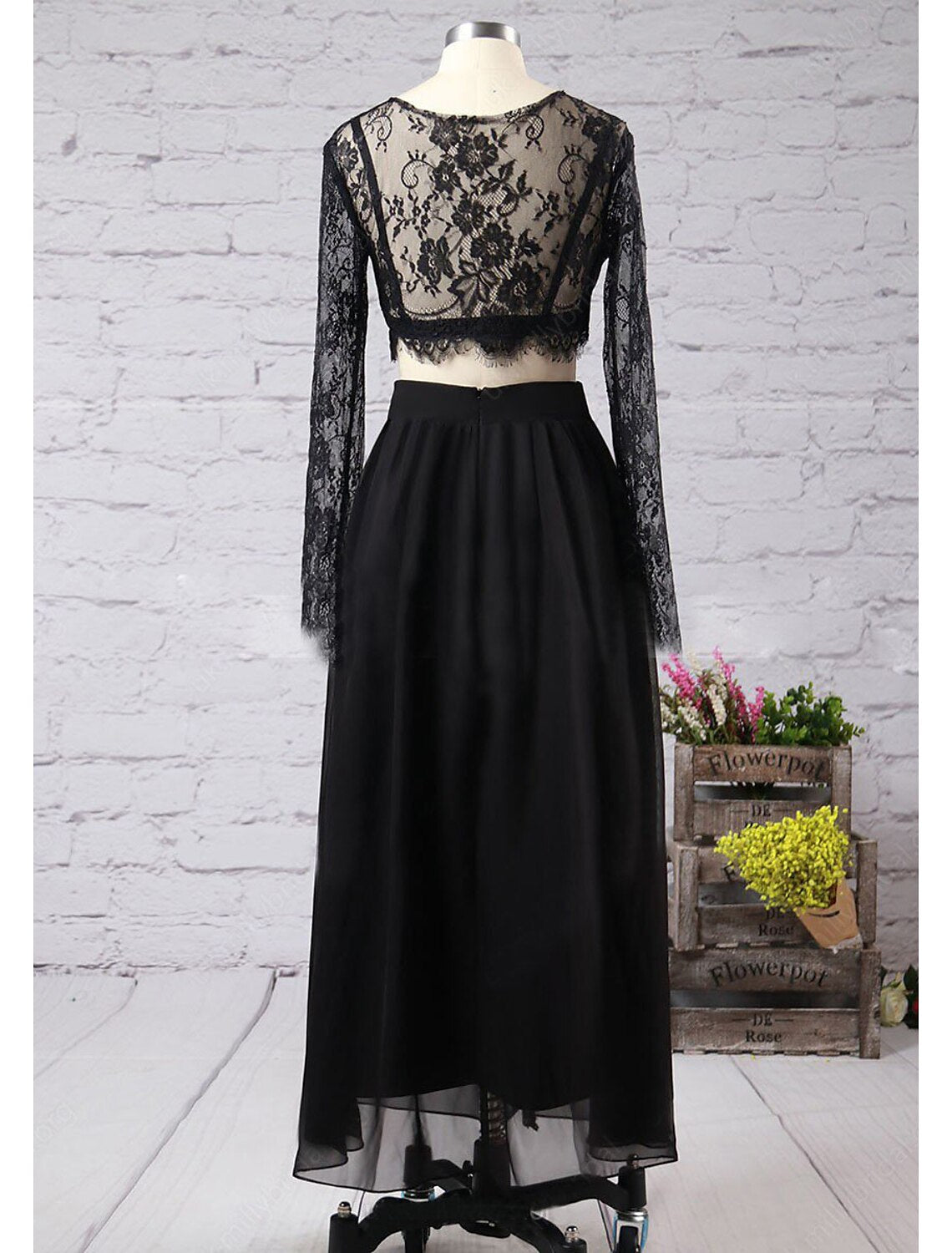 Two Piece A-Line Prom Dresses High Split Dress Formal Prom Floor Length Long Sleeve Jewel Neck Chiffon with Slit