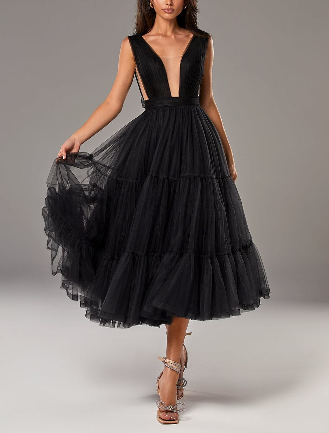 A-Line Prom Dresses Princess Dress Wedding Guest Prom Tea Length Sleeveless V Neck Tulle with Bow(s) Pleats