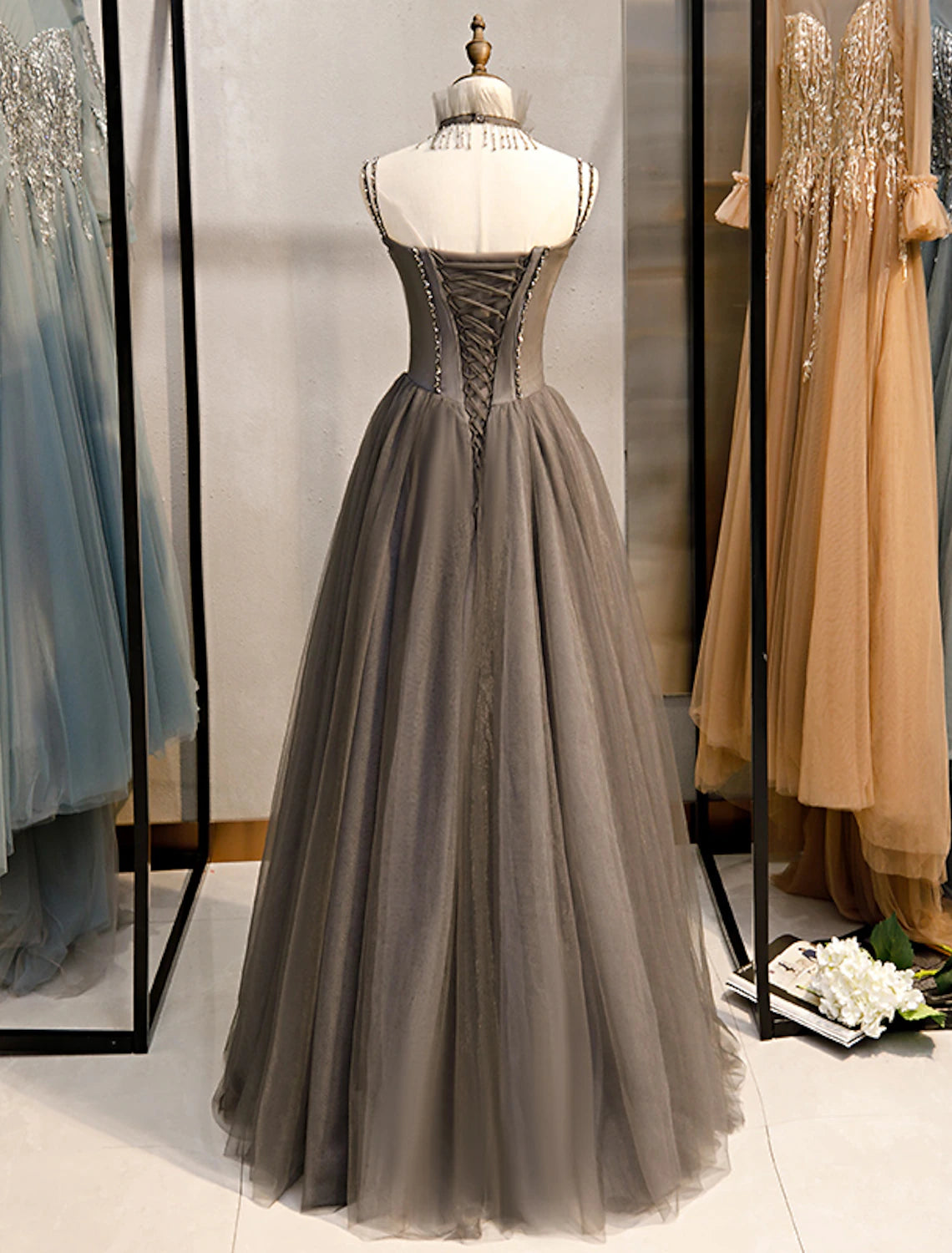 A-Line Prom Dresses Sexy Dress Formal Floor Length Sleeveless Spaghetti Strap Tulle with Pleats Crystals