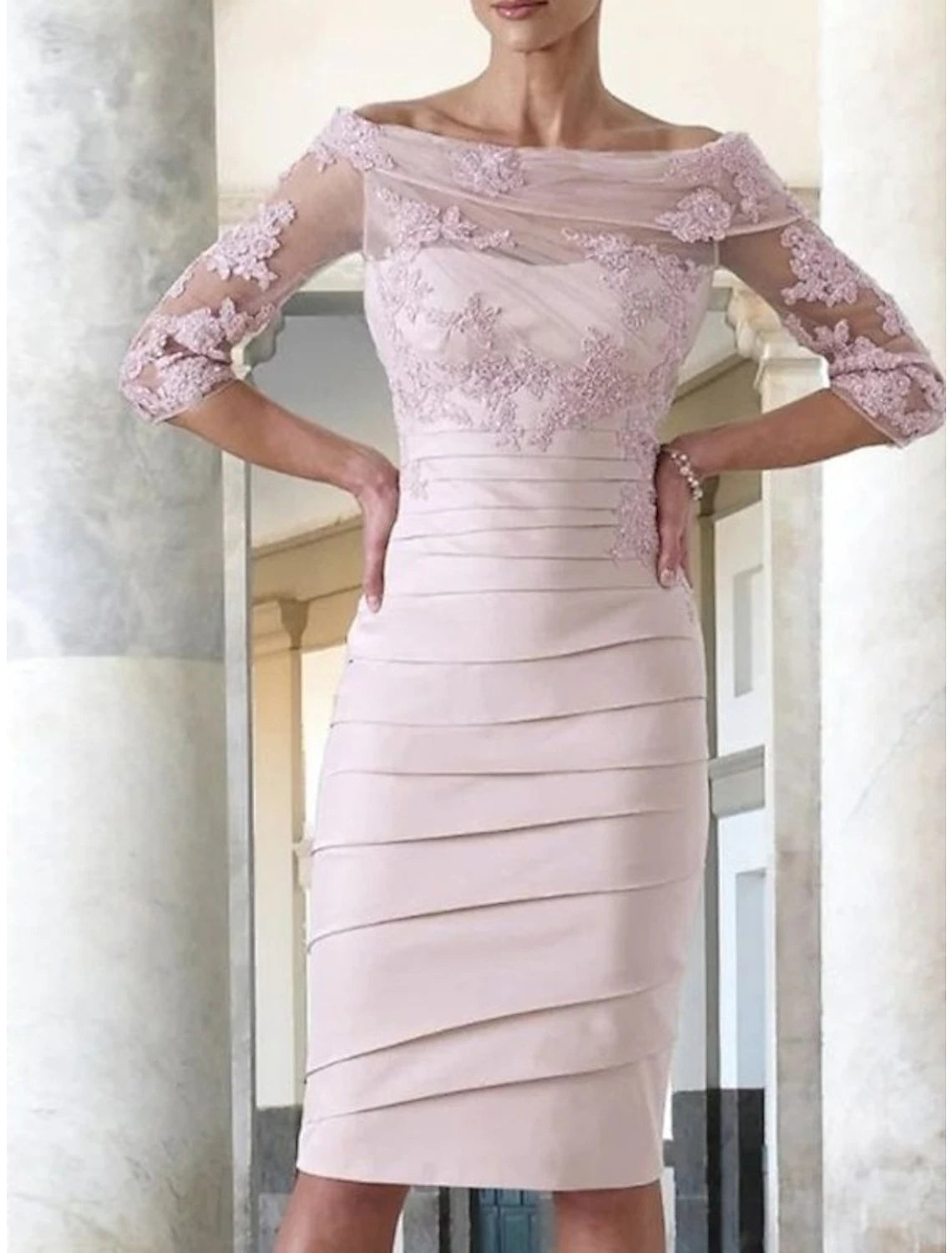 Sheath / Column Mother of the Bride Dress Formal Wedding Guest Elegant Off Shoulder Knee Length Chiffon Lace Half Sleeve with Ruched Appliques
