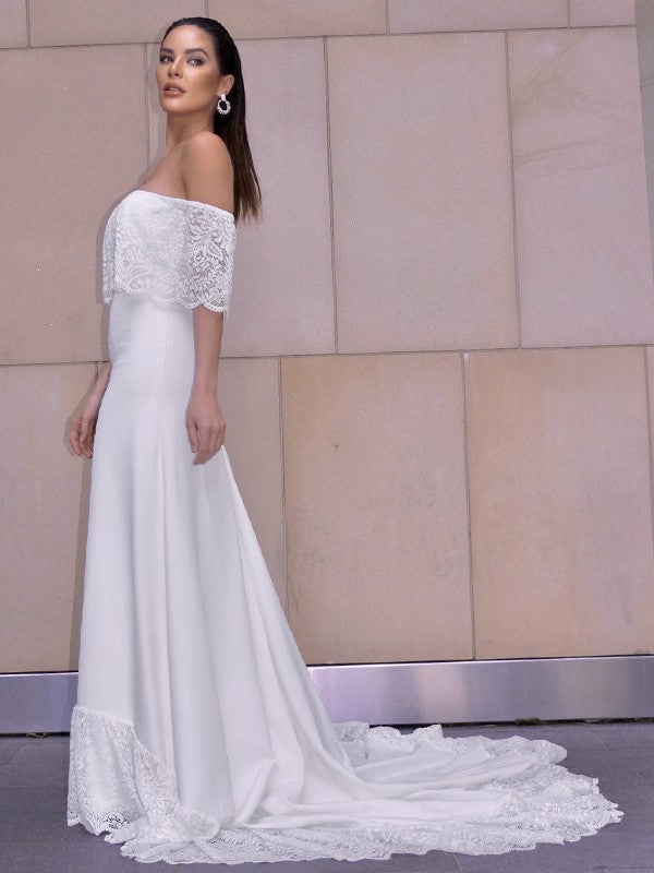 Sheath/Column Lace Ruffles Off-the-Shoulder Short Sleeves Chapel Train Wedding Dresses